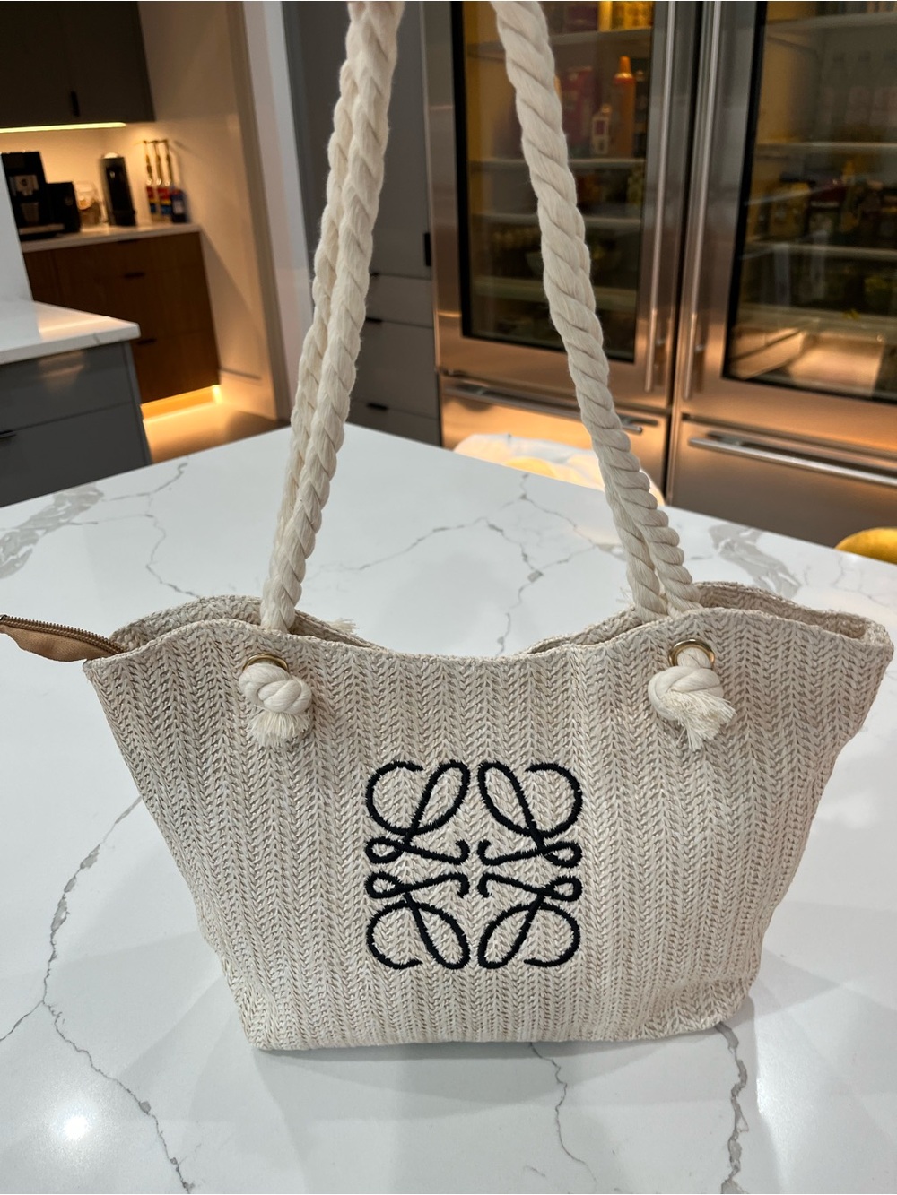 Woven Rope Tote Bag in Cream with Black Embroidery
